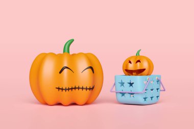 Pembe arka planda izole edilmiş alışveriş sepetinde balkabağı kafasıyla Cadılar Bayramı partisi. 3d resimleme