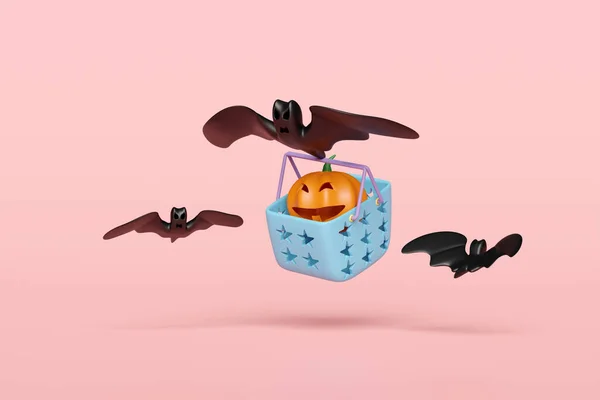 Happy Halloween Party Bats Pumpkin Head Shopping Basket Isolated Pink — Stock Photo, Image