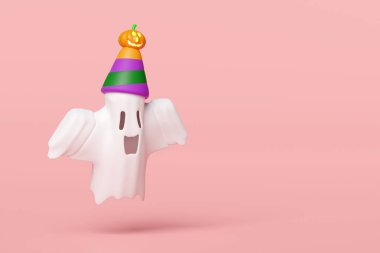 Cadılar bayramı partisinde şirin bir hayalet, balkabağı ve pembe arka planda izole edilmiş koni şapkası vardı. tatil partisi, 3D resimleme 