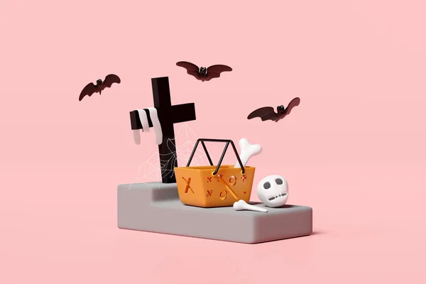 Dia Das Compras Halloween Com Cesta Cemitério Crânio Morcegos Isolados — Fotografia de Stock