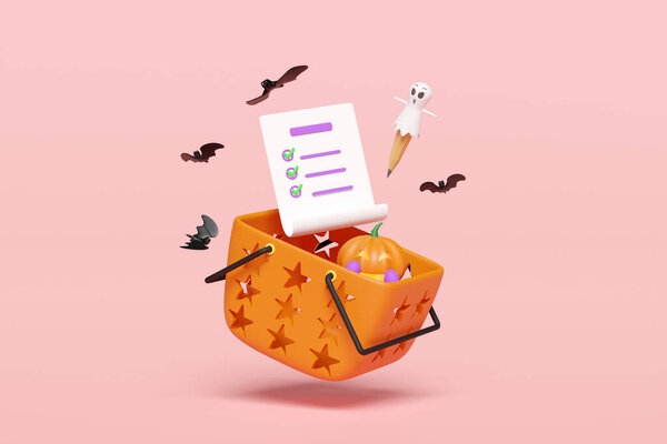 3d happy halloween party with pumpkin head in shopping basket, checklist, bat, pencil cute ghost isolated on pink background. 3d render illustration