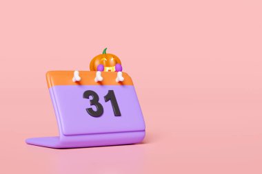 Takvimle Cadılar Bayramı randevusu, balkabağı feneri, pembe arka planda izole edilmiş iskelet. 3d resimleme