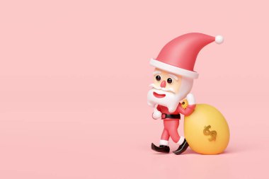 Para çantalı Noel Baba pembe arka planda izole edilmiş. Mutlu Noeller ve mutlu yıllar, 3D çizim 