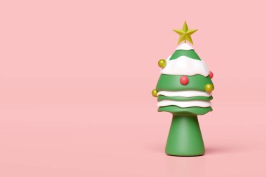 Üç boyutlu Noel ağacı pembe arka planda izole edilmiş. Mutlu Noeller ve mutlu yıllar, 3D çizim