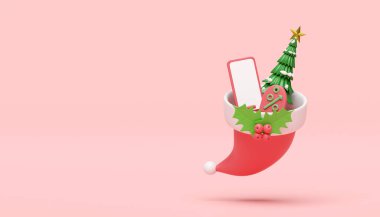 Cep telefonlu Noel Baba şapkası, akıllı telefon, indirimli satış, Noel ağacı, pembe arka planda izole edilmiş kutsal böğürtlen yaprakları. Mutlu Noeller ve mutlu yıllar, 3D çizim