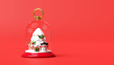 Kar küresi Noel dekoratif camları şeffaf kardan adam, çam ağacı, ren geyiği, kar tanesi, hediye kutusu. Mutlu Noeller ve mutlu yıllar, 3D çizim