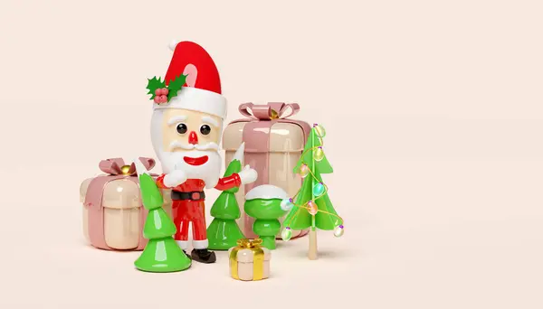 stock image Santa Claus with christmas tree,  holly berry leaves, gift box, hat. merry christmas and happy new year, 3d render illustration