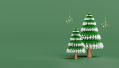 Süslü, şeffaf camlı, kar taneli Noel ağacı. Mutlu Noeller ve şenlikli yeni yıl, 3D çizim