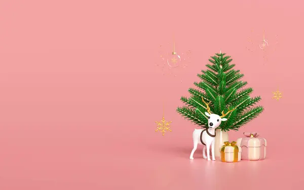 3d reindeer with snow ball, ornaments glass transparent, pine tree, gift box, snowflake. merry christmas and happy new year, 3d render illustration