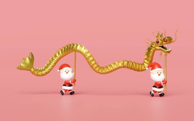 Noel Baba ile 3D altın Çin Ejder Dansı. Mutlu Noeller ve mutlu yıllar, 3D çizim