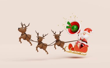 Noel Baba, kızak, hediye kutusu, megafon ya da hoparlörlü 3D ren geyiği, terfi haberlerini duyurun. Mutlu Noeller ve mutlu yıllar, 3D çizim