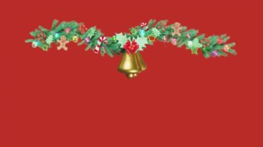 Çam ağacı dalları, Noel çanı, şeker kamışı, zencefilli kurabiye adam, kırmızı yay, kutsal dut yaprakları, temiz cam fener çelenkleri ile süslenmiş. Mutlu Noeller ve mutlu yıllar, Alfa Kanalı.