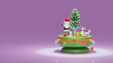 Noel Baba danslı 3D müzik kutusu, kardan adam, geyik, hediye kutusu, cam şeffaf lamba çelenkleri. Mutlu Noeller ve mutlu yıllar, Alfa Kanalı.