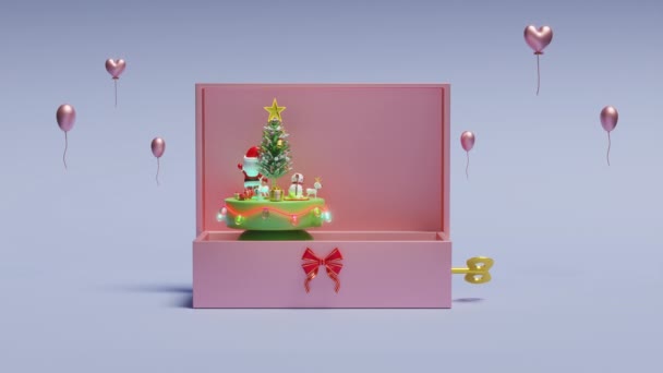 Muzikale Doos Met Kerstman Dans Sneeuwpop Hert Geschenkdoos Glas Transparante — Stockvideo