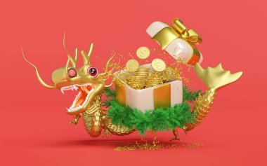 İçinde altın ejderha, bozuk para desteleri, çelenk yaprakları olan 3D hediye kutusu. 2024 Çin Yeni Yılı Oğlak burcu. 3d resimleme
