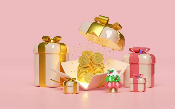 3d open gift box with dollar coins stacks, christmas tree. merry christmas and happy new year, 3d render illustration