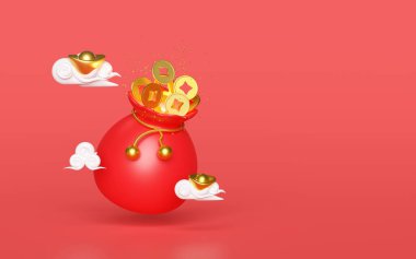 Altın külçeli Çin altınları, bulut. 2024 Çin Yeni Yılı Oğlak burcu. 3d resimleme