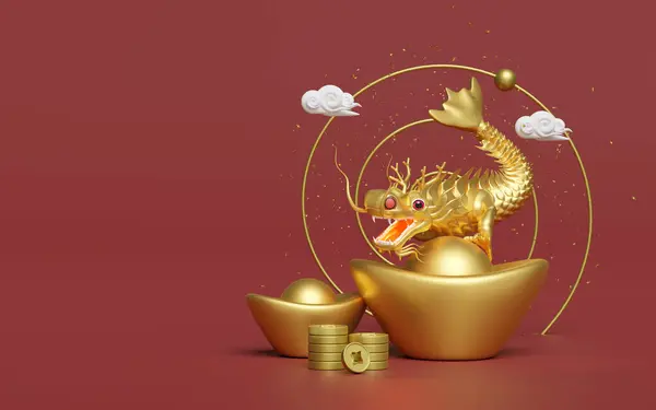 Chinese gold ingot with dragon, cloud, coin. chinese new year 2024 capricorn. 3d render illustration
