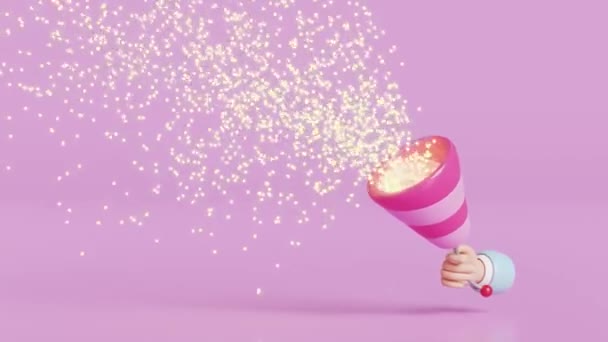 Hand Houden Explosie Rotje Met Confetti Geïsoleerd Roze Achtergrond Alfa — Stockvideo