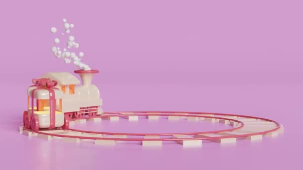 Dampflok Cartoon Mit Rauch Waggons Form Einer Geschenkschachtel Eisenbahngleise Eisenbahntransport — Stockvideo
