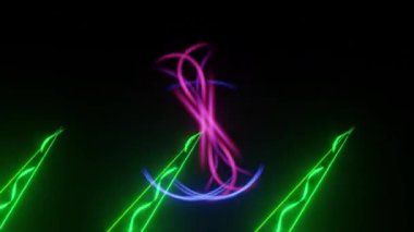 Mavi pembe ışık çizgileri, parlak neon ışınlar, siyah sahne arkaplanı