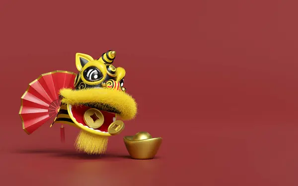 3d yellow lion dance head with fan chinese gold ingot, coin for festive chinese new year holiday. 3d render illustration