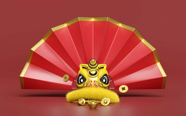 3d fan with yellow lion dance head  chinese gold ingot, coin for festive chinese new year holiday. 3d render illustration