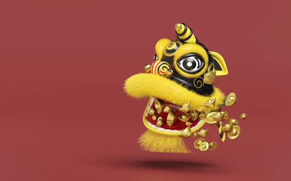 3d yellow lion dance head with chinese gold ingot for festive chinese new year holiday. 3d render illustration