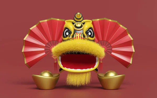 3d yellow lion dance head with fan, chinese gold ingot for festive chinese new year holiday. 3d render illustration
