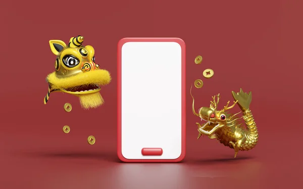 3d mobile phone, smartphone with yellow lion dance head, chinese coin, fan for festive chinese new year holiday. 3d render illustration