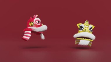 Çin altını külçeli 3D iki aslan başı. Yeni yıl bayramı için para. 3d resimleme, alfa kanal
