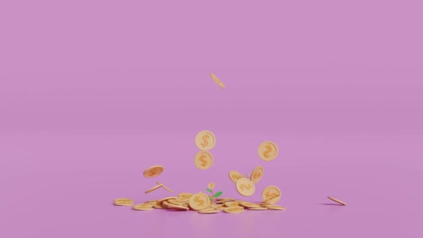Monety Dolara Stos Drzewa Wzrostu Izolowane Różowym Tle Sukces Finansowy — Wideo stockowe