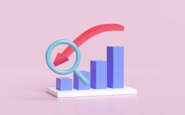 3 boyutlu grafikler büyüteç, analiz işi finansal verileri, pembe arka planda izole edilmiş online pazarlama. iş stratejisi asgari konsept, 3D resimleme
