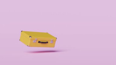 Pembe arka planda ampullü 3D sarı açık bavul. Yaz seyahati, fikir tüyo kavramı, asgari soyut, 3D çizim illüstrasyonu, alfa kanalı