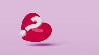 Pembe arka planda beyaz soru işareti simgesi olan 3D kırmızı kalp. SSS veya sıklıkla sorulan sorular aşk, asgari konsept, 3D çizim illüstrasyonu, alfa kanalı