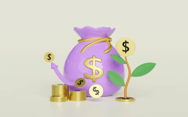 3D money bag with gold coins pile, tree, graph arrow isolated. financial success and growth or saving money concept, 3d render illustration