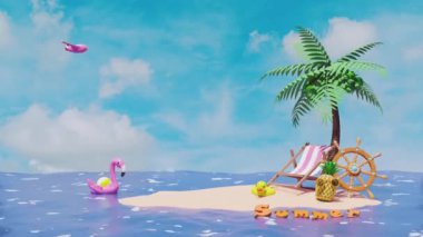 Dümeni, kıç tekerleği, palmiye ağacı, deniz kenarı, ananas, sarı ördek, güneş gözlüğü, mavi gökyüzü arka planında izole plaj. 3d resimleme