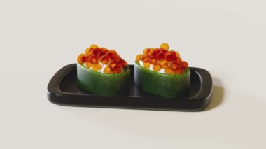 3D rulo somon yumurtası nigiri döner tepside, Japon yemeği izole konsept, 3D resimleme, alfa kanal