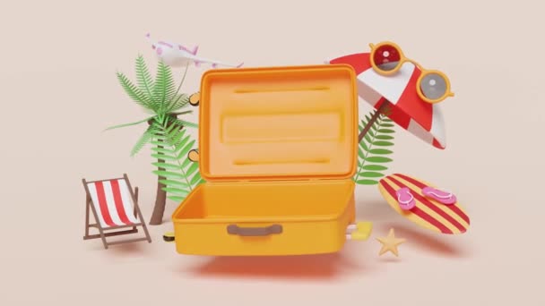 Letnia Podróż Otwartą Pustą Walizką Krzesłem Plażowym Okularami Przeciwsłonecznymi Deską — Wideo stockowe