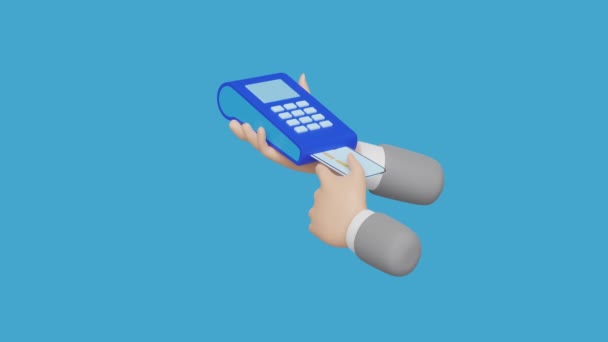 3D支払機械かビジネスマンの手が付いているポスター ターミナル クレジット カード 電子支払 請求書またはペーパー チェックの領収書を青い背景で隔離しました 3Dレンダリングイラスト アルファチャンネル — ストック動画