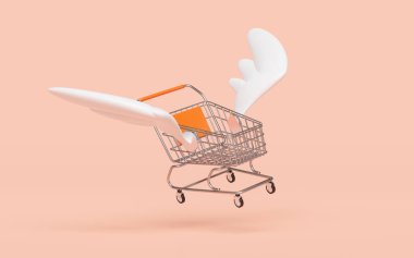 Boş paslanmaz çelik alışveriş arabaları veya kanatları turuncu arka planda izole edilmiş sepet. Çevrimiçi alışveriş, ekspres dağıtım konsepti, 3D çizim