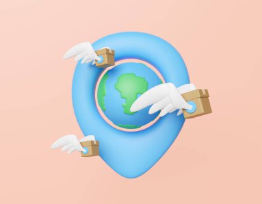 Kanatlı, karton kutulu 3D eşyalar, turuncu arka planda izole edilmiş iğne. Çevrimiçi alışveriş, ekspres teslimat, dünya çapında nakliye konsepti, 3D çizim