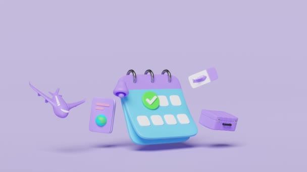 スーツケース 飛行機 チェックマーク マーク付きの3Dカレンダー 紫色で隔離された通知ベルフライト 夏の旅行 旅程概念 3Dレンダリングイラスト アルファチャンネル — ストック動画