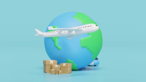 Weltweites Versandkonzept Mit Rotierendem Globus Und Flugzeug Transporter Boot Das — Stockvideo