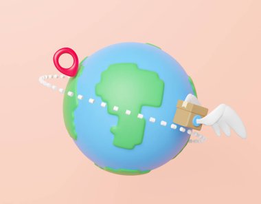 3 boyutlu karton kutu. Kanatlı, küresel, çivili. Turuncu arka planda. Ekspres teslimat rotası, dünya çapında nakliye konsepti, 3D illüstrasyon çizimi