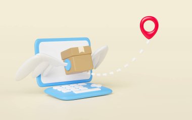 Karton uçlu dizüstü bilgisayar, iğne izole. Ekspres teslimat rotası, dünya çapında nakliye konsepti, 3D illüstrasyon çizimi