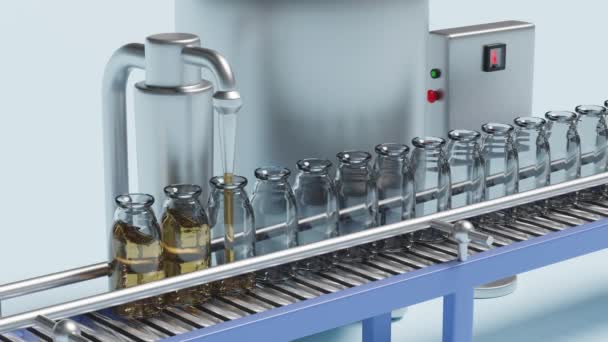 Vloeibare Gel Verpakt Glazen Flessen Met Behulp Van Machines Geïsoleerd — Stockvideo