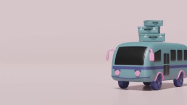 3D turist otobüsleri varış noktalarını bavul, harita ve iğne izole edilmiş olarak ararlar. Yaz seyahati konsepti, 3D resimleme, alfa kanal