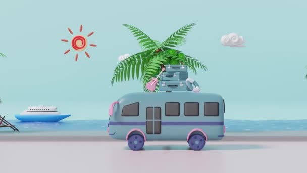 3D型旅游巴士载着行李沿着海滩路行驶 吉他被隔离 夏季旅行概念 3D渲染说明 Alpha通道 — 图库视频影像