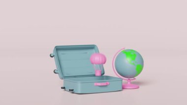 3D açık bavul, konum kodu, GPS navigatörü, harita, bulut, dünya, balon, pembe arka planda izole edilmiş kamera. Yaz yolculuğu konsepti, 3D illüstrasyon çizimi, alfa kanal